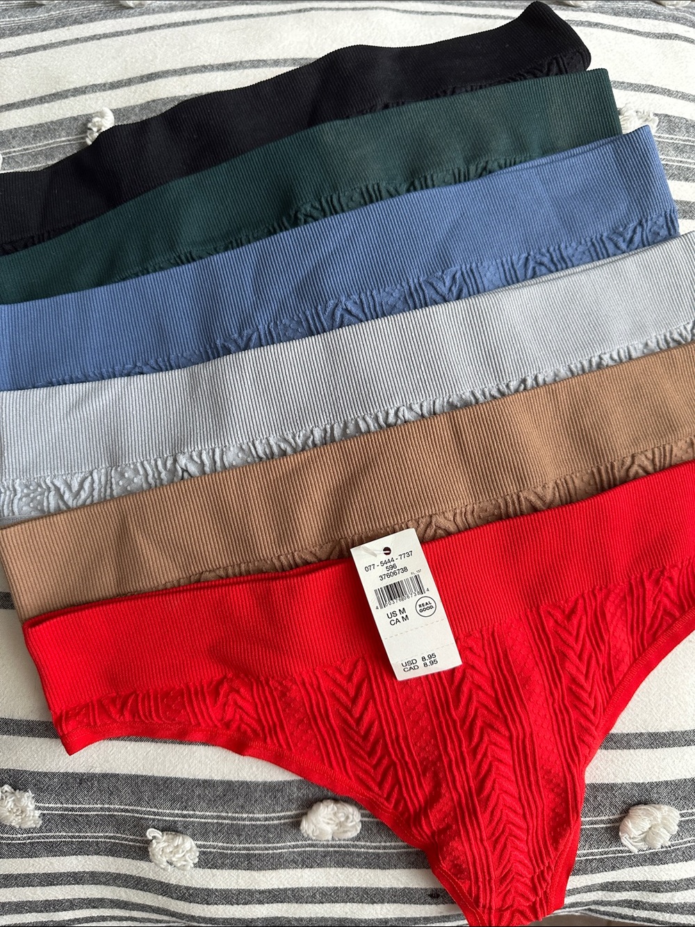 aerie Ribbed Thong Panty 6-Pack in Black, Green, Blue, Gray, Tan, Red